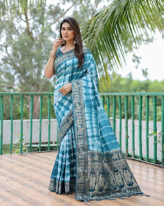 Blue Wevon Designer & Sibori Printed Dola Silk Saree