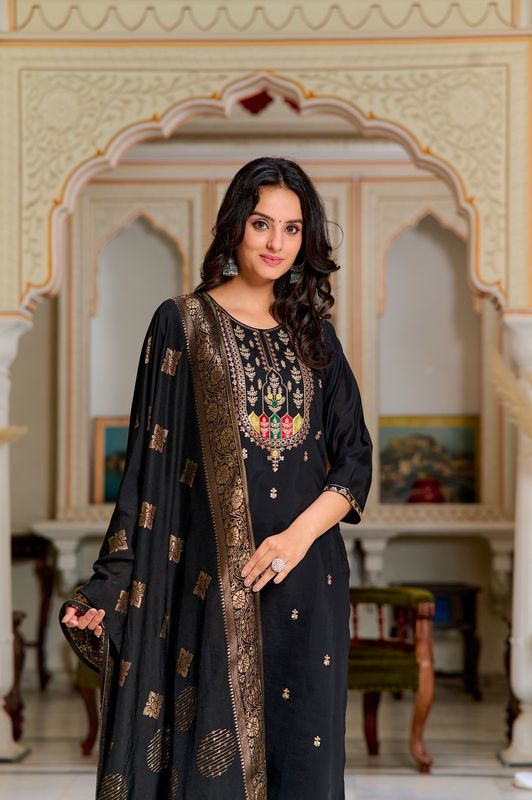 Black Chanderi Silk Straight Kurta