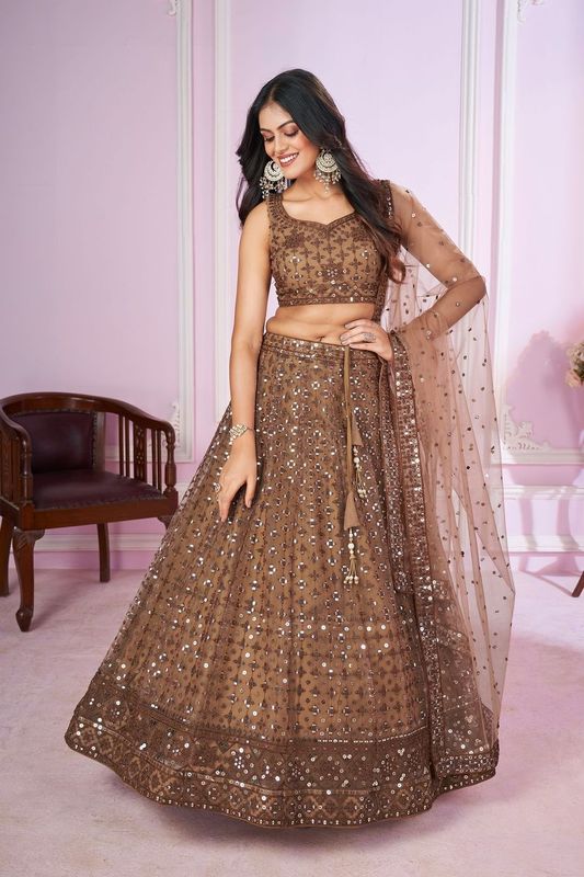 Brown Women's Soft Net Embroidery Lehenga Choli