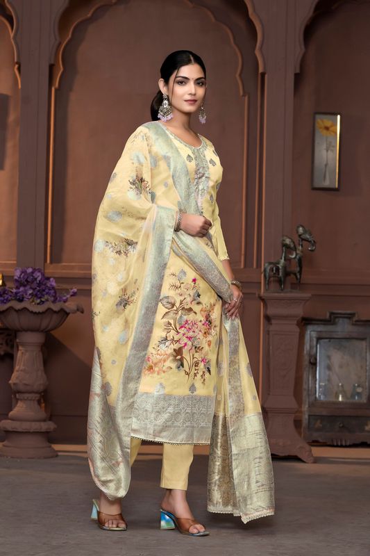 Yellow Viscose Organza Wevon Designer With Printed And Hand Work Graceful Ethnic Wedding Wear Salwar Kameez