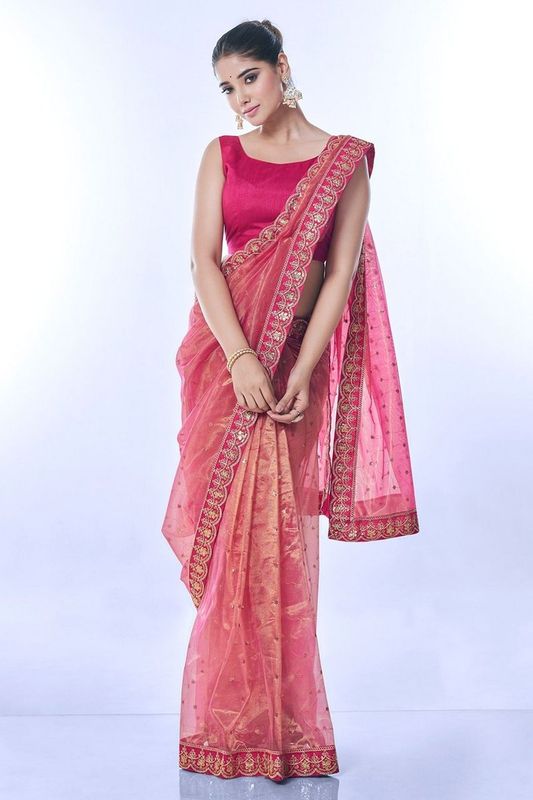 Pink Color Golden Net Partywear Sequins Embroidery Work Ethnic Saree