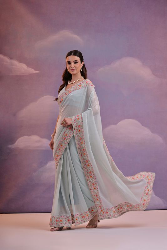 Sky Blue Designer Sequance Embroidery Work Georgette Saree