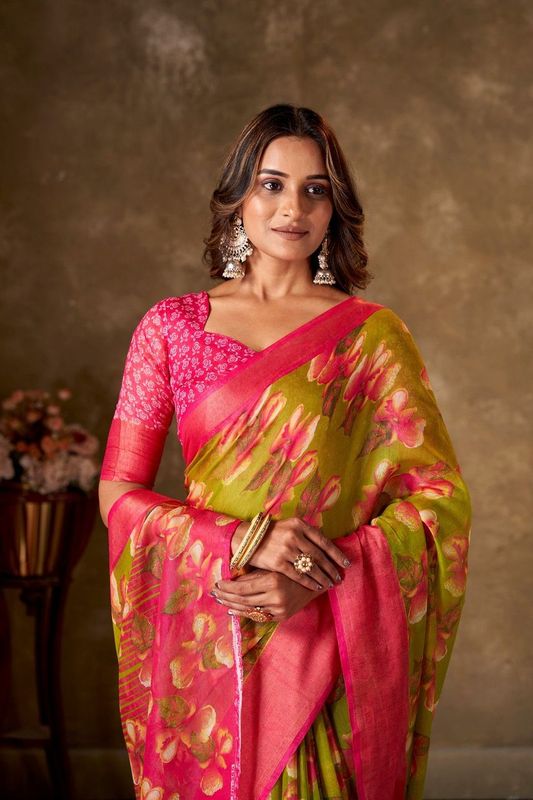 Light Green Cotton Printed Saree and Stitched Pink Blouse