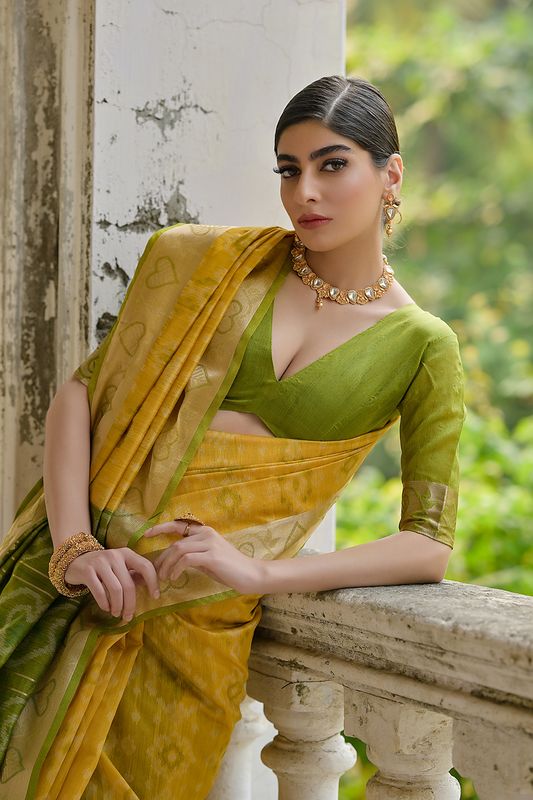 Yellow All Over Ikkat Woven Design With Contrast Pallu  Saree