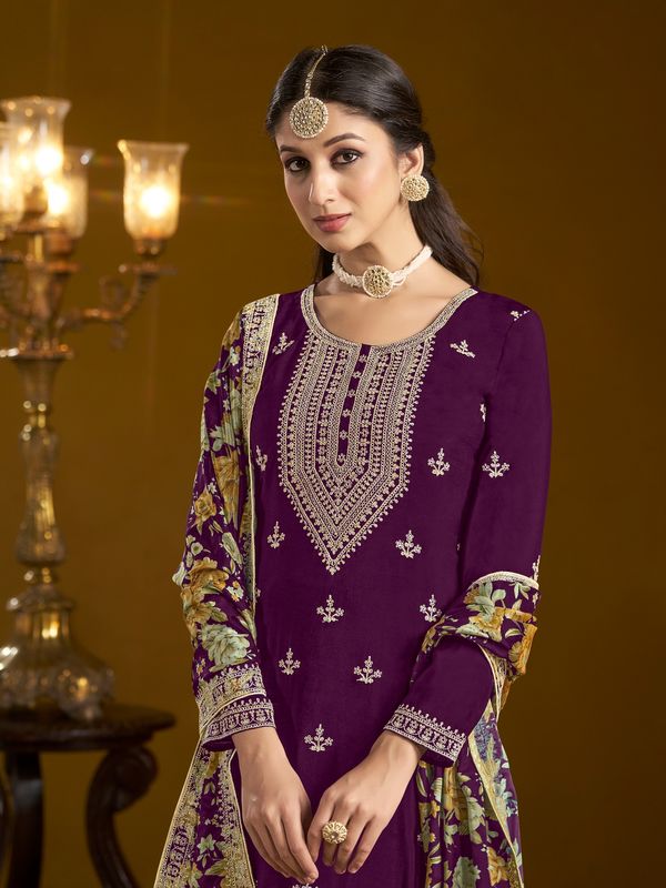 Magenta Color Beautiful Designer Printed Palazzo Dress With Embroidery Work For Pretty Graceful Wedding Looks