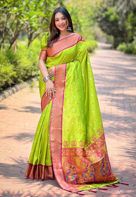 Green Paithani Silk Wevon Paithani Meenakari Designer Heavy Wedding Wear Trendy Girlie Saree