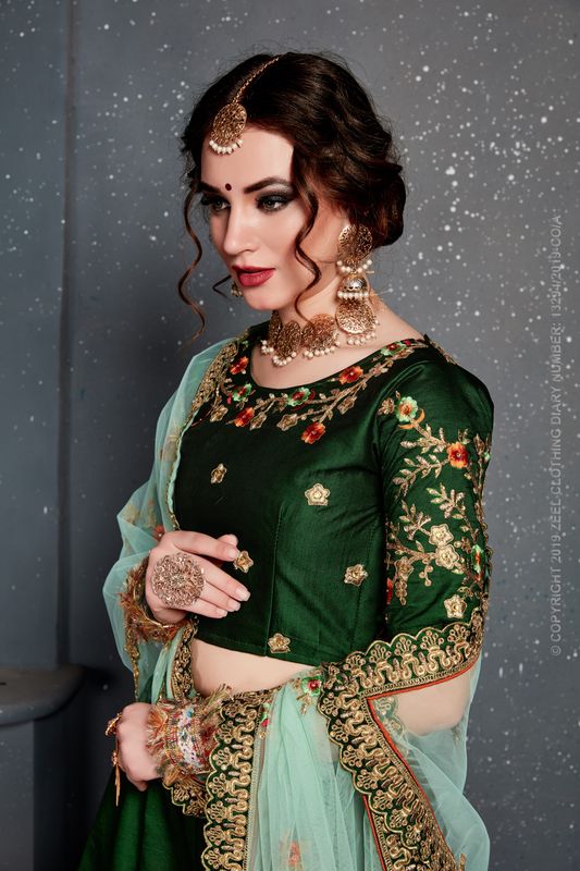 Dark Green Women's Tafeta Satin Silk Embroidery Lehenga Choli