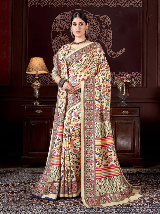 Yellow Color Beautiful Designer Digital Printed Pashmina Saree With Shawl