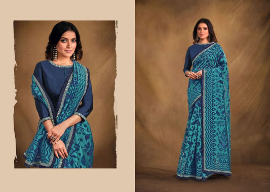 Blue Designer Embroidery & Stone Work Organza Saree