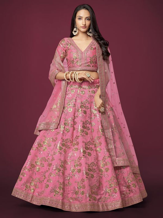 Pink Women's Slub Silk Embroidery Lehenga Choli