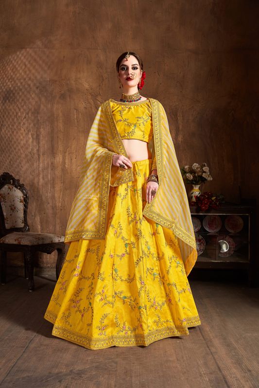 Yellow Women's Mulberry Silk Embroidery Lehenga Choli