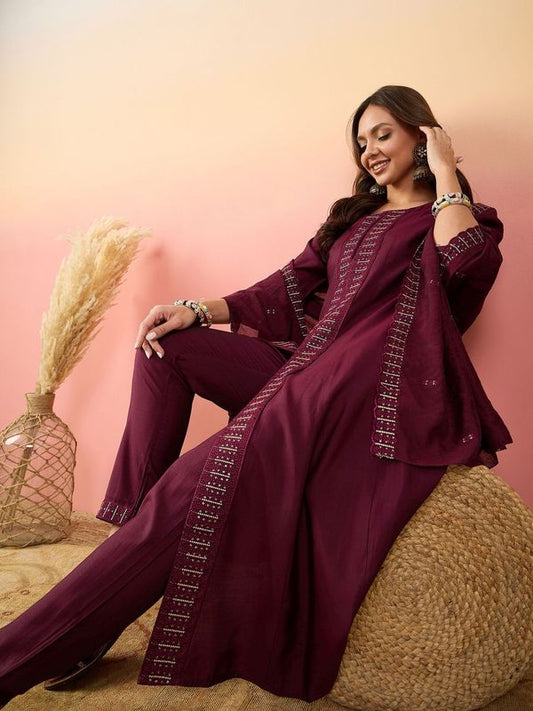 Maroon Color Beautiful Woven Silk Readymade Suit with Festive Thread Embroidery Work