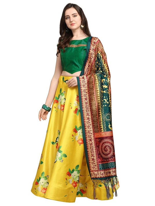 Bandhni Patola Type Digital Print Shiney Satin Croptop Lehenga Choli With Blouse For Women and Girls