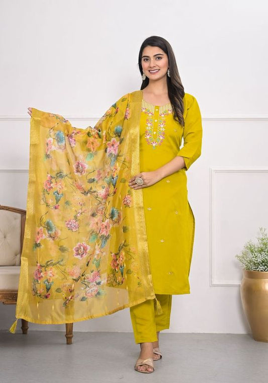 Yellow Color Viscoce Silk Fabric Designer Embroidery Work Salwar Kameez For Ceremonial Looks