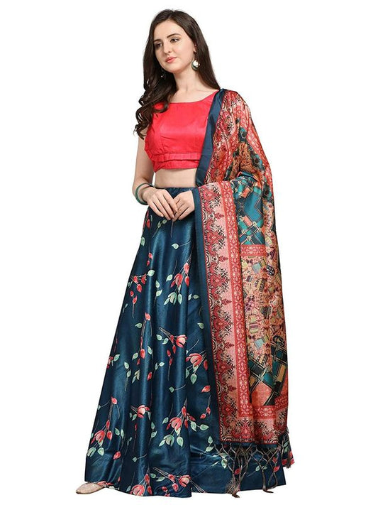 Bandhni Patola Type Digital Print Shiney Satin Croptop Lehenga Choli With Blouse For Women and Girls