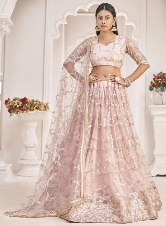 Light-Pink Embroidered Net  Stitched Lehenga