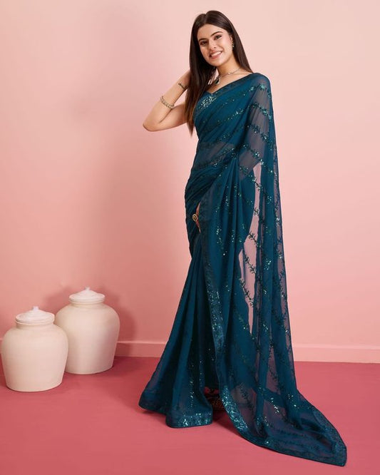 Teal Blue Sequance Embroidery Work Georgette Saree