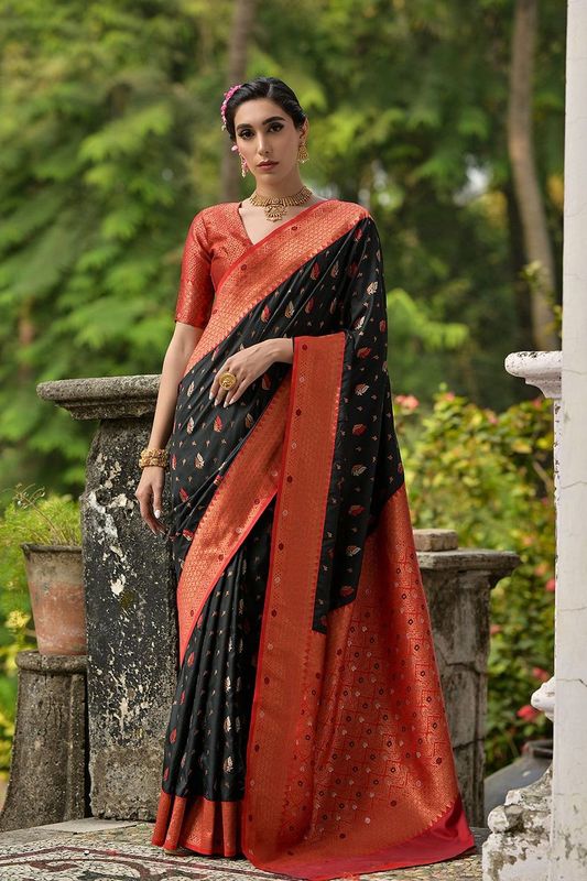 Black All Over Zari Woven Leaf Design With Contrast Flower Zari Woven Pallu Saree