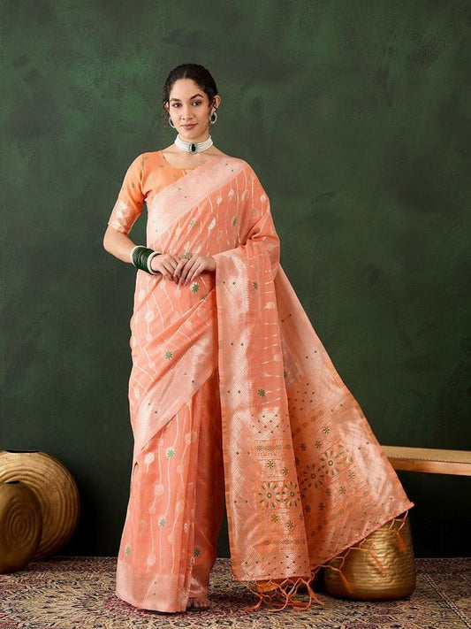 Orange Poly Cotton Wevon Designer Graceful Ethnic Partywear Saree