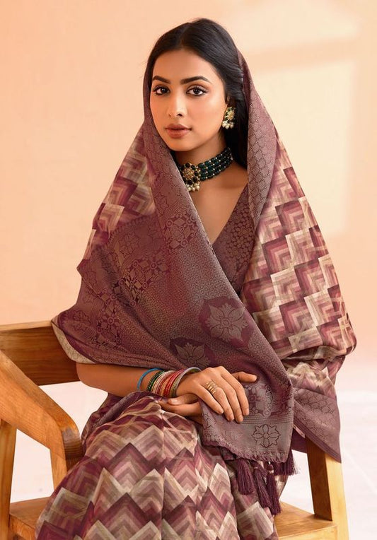 Brown Wevon Jacquard Designer Organza Jacquard Saree