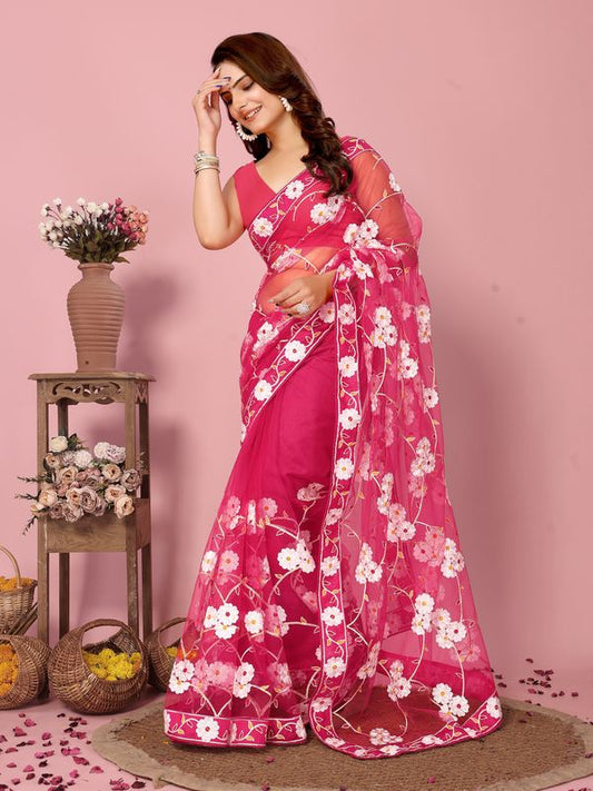 Pink Designer Thread Embroidery Work Net Saree