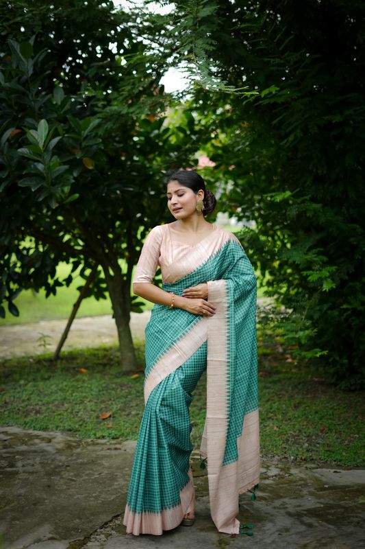 Sea Green Wevon Kantha Designer & Printed Tussar Silk Saree