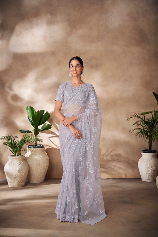 Grey Thread & Sequance Embroidery & Zarkan Work Net Saree