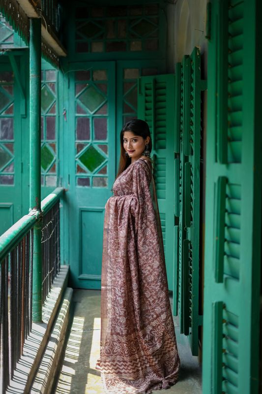 Brown Batik Printed & Embroidery Work Tussar Silk Saree