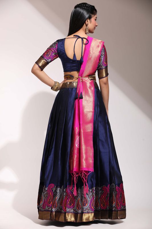 Navy Blue Lichi Silk Jacquard Work Lehenga