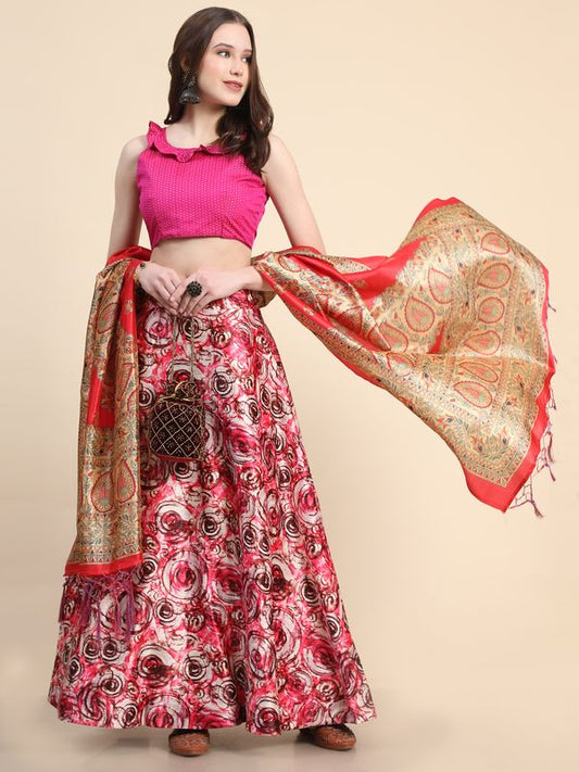 Digital Print Shiney Satin Stitched Lehenga Choli With Blouse and Sequnce Work Orgenza Dupatta For Women and Girls