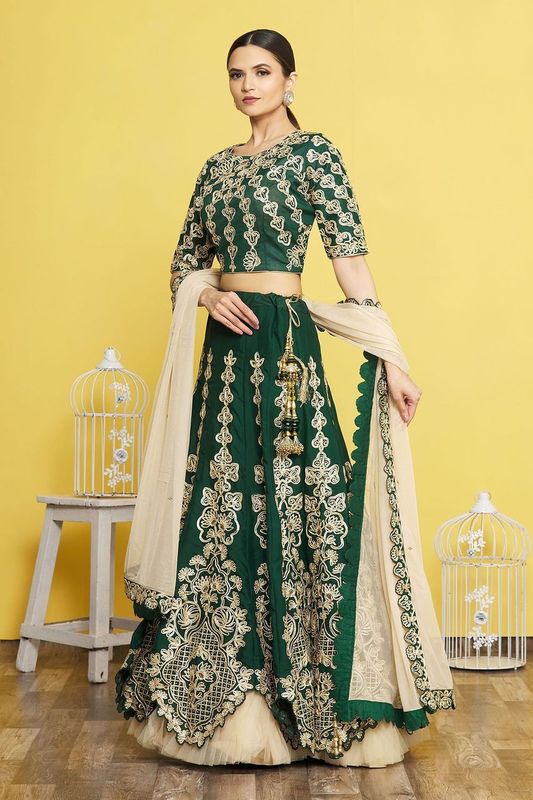 Green Color Satin Silk Fabric Heavy Adorable Wedding Ceremony Lehenga Set