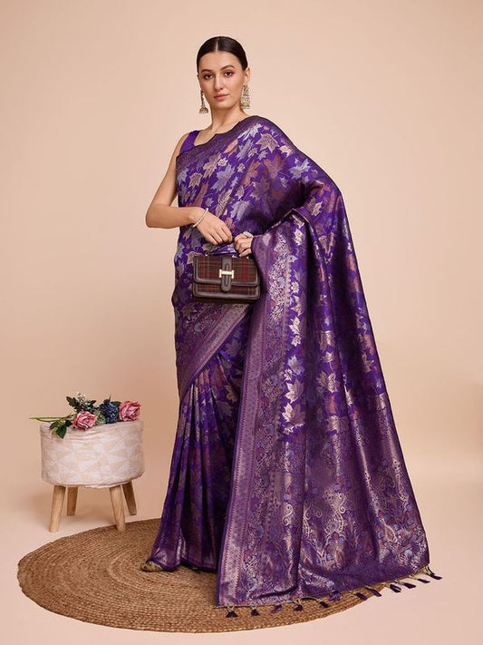 Lavender Weaving Copper Jari Designer Handloom Silk Saree