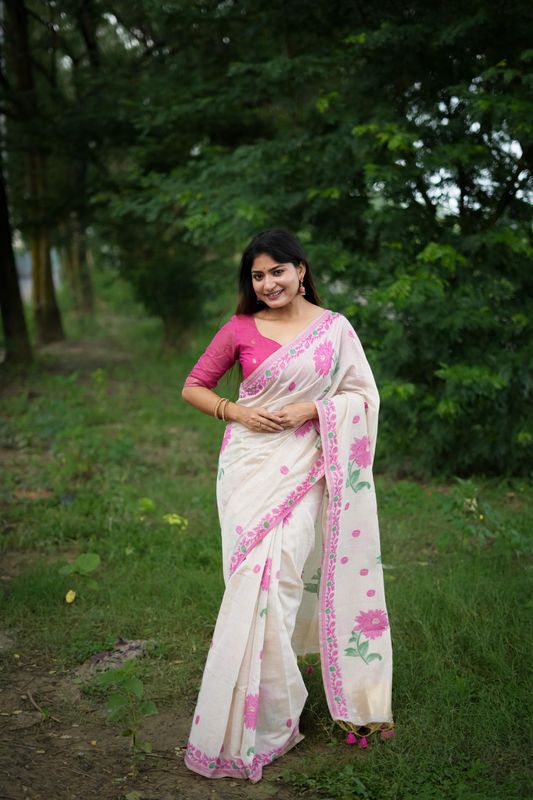 Rich Looks Floral Printed Off White Color Muga Cotton Saree For Sophisticated Looks