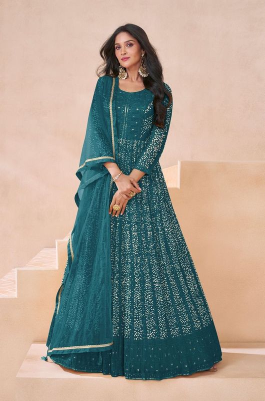 Teal Color Bollywood Style Heavy Anarkali Dress For Wedding Reception Wear