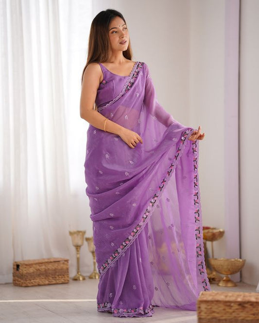 Purple Pixel Silk Thread And Sequins Embroidery Work Partywear Girlie Saree