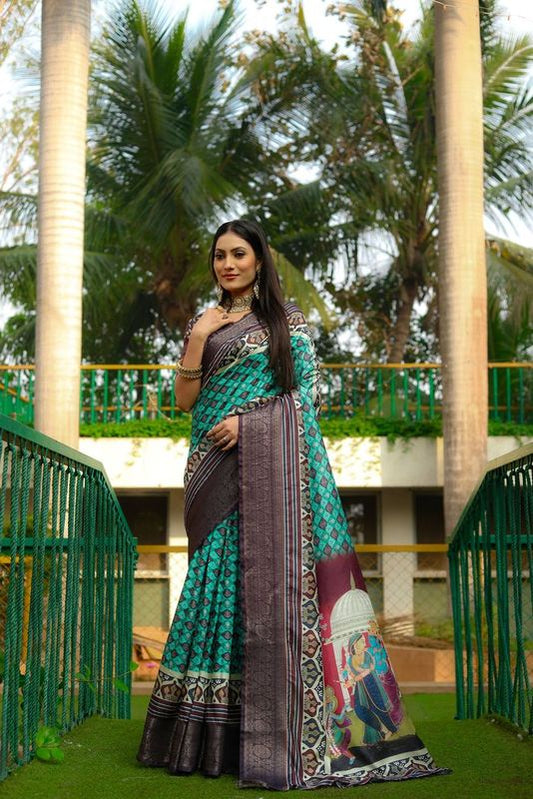 Sea Green Wevon Border & Kalamkari Digital Printed Dola Silk Saree