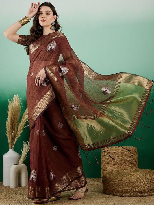 Brown Wevon Designer & Embroidery Work Khadi Organza Saree