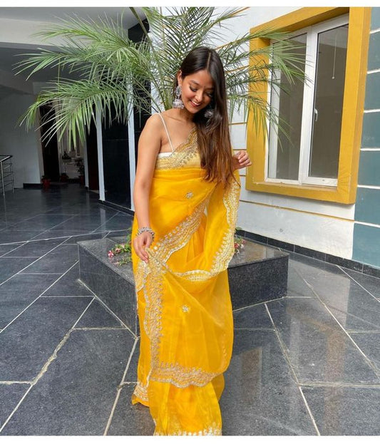 Yellow Sequance Embroidery & Hand Work Organza Saree