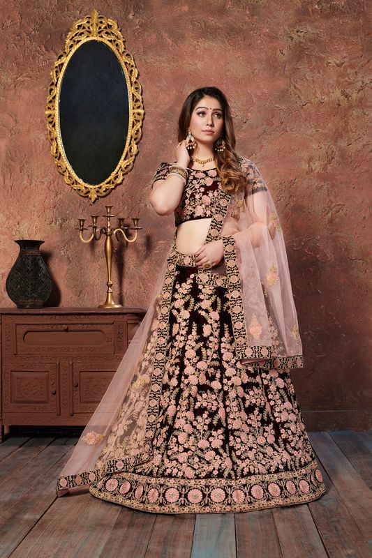 Maroon Women's Velvet Embroidery Lehenga Choli