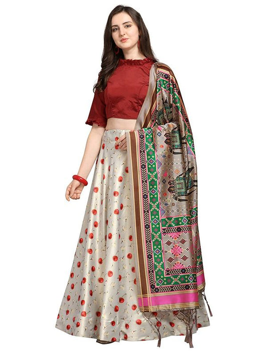 Bandhni Patola Type Digital Print Shiney Satin Croptop Lehenga Choli With Blouse For Women and Girls