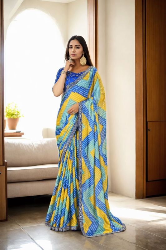 Blue Bandhani Digital Printed & Embroidery Work Chinon Saree