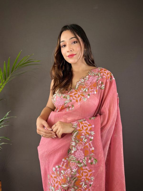 Pink Cross Stich Embroidery Cut Work Glossy Silk Saree