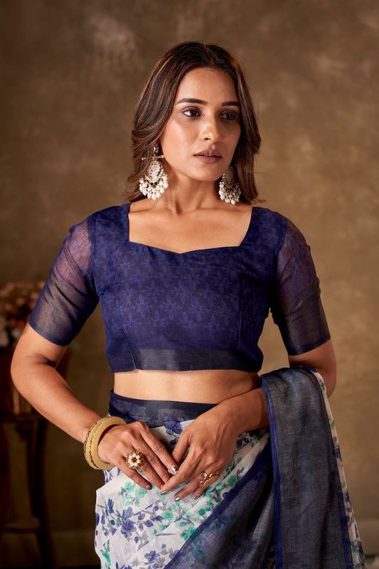 Navy Blue Cotton Printed Saree and Stitched Navy Blue Blouse