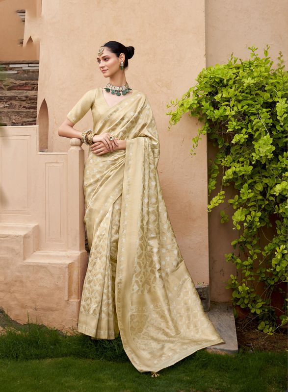Beige Wevon Brocade Designer Viscose Silk Saree