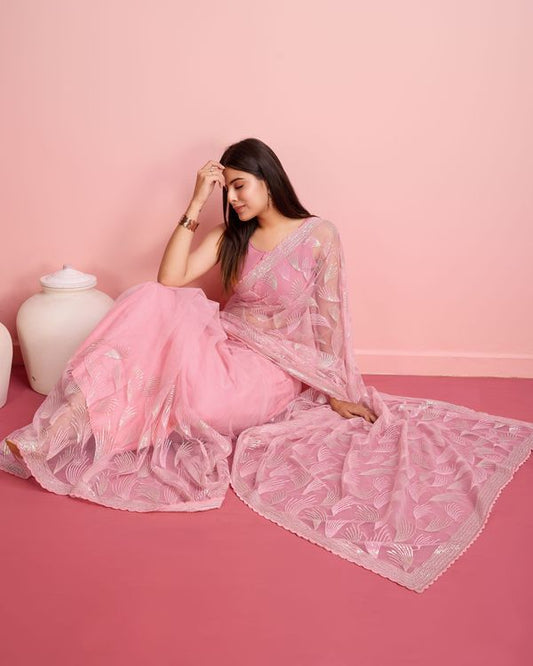 Pink Sequance Embroidery Work Soft Net Saree