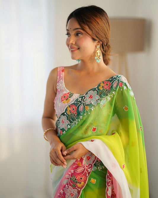 Green Color With Embroidery Work Georgette Saree