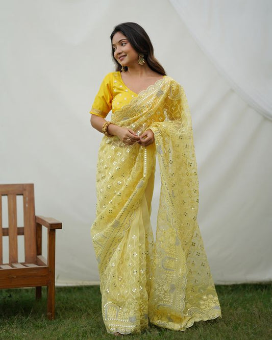 Yellow Sequance & Thread Embroidery Work Organza Saree