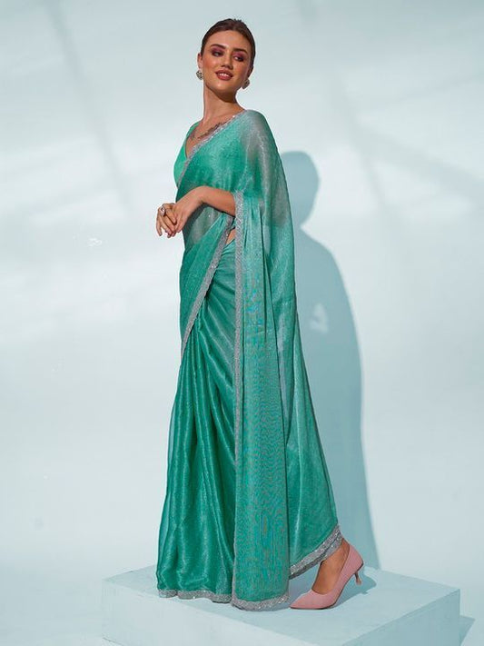 Sea Green Solid Designer Chiffon Saree