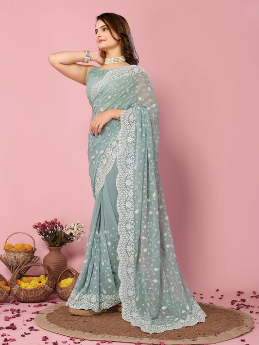 Grey Thread & Sequance Embroidery Work Georgette Saree