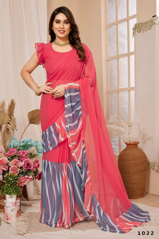 Pink Designer Printed & Ruffal Georgette Saree